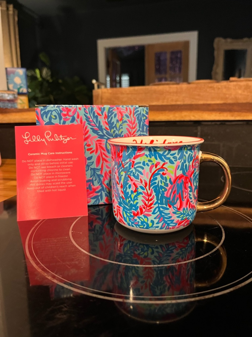 NWT Lilly Pulitzer Blue, Pink & Red Floral Coffee Mug with Gold Handle